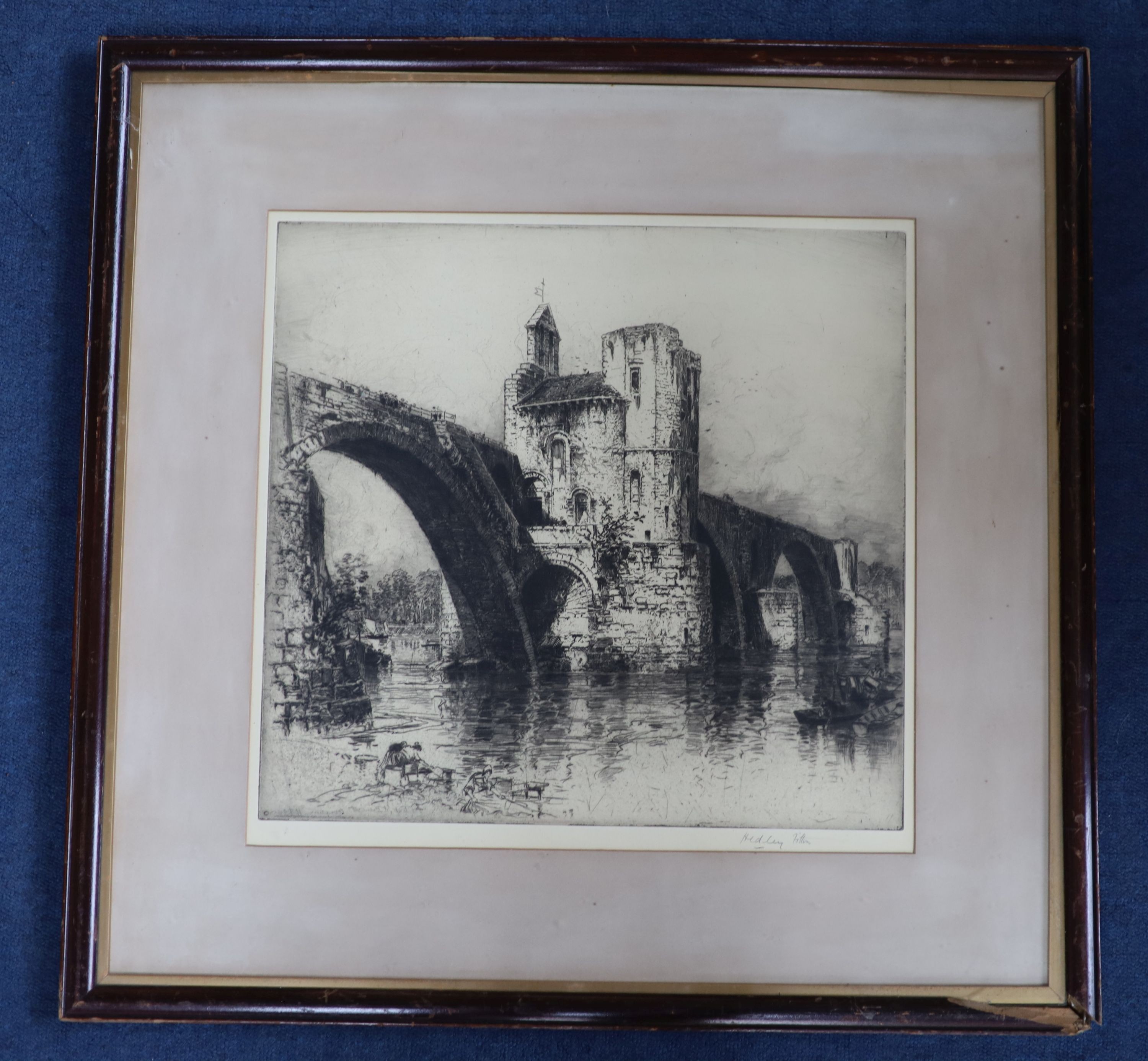 Hedley Fitton (1859-1929), etching, Castellated bridge, signed in pencil, 43 x 45cm
